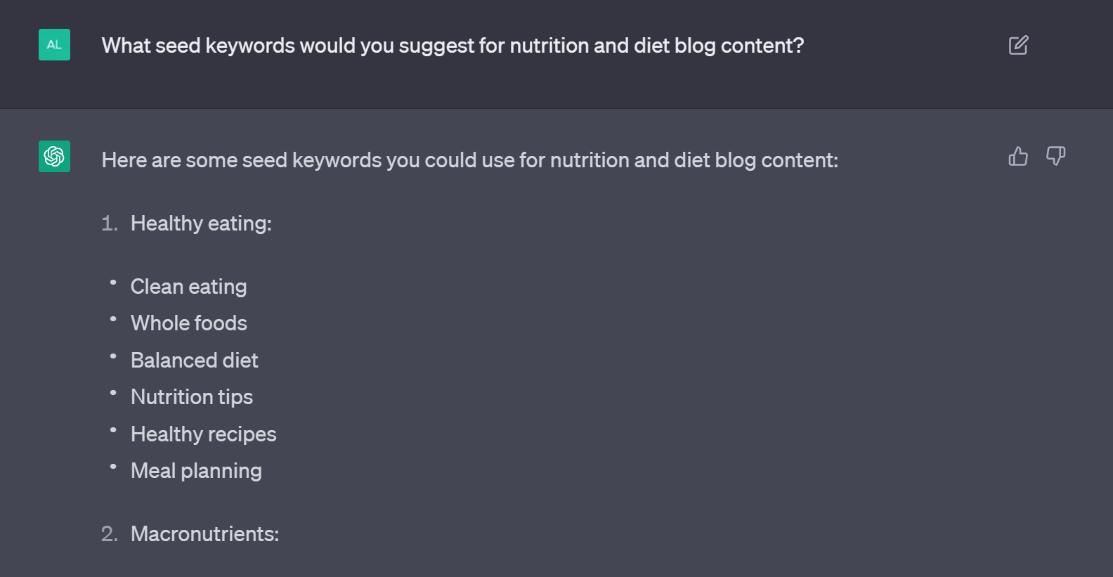 Asking ChatGPT to generate seed keywords
