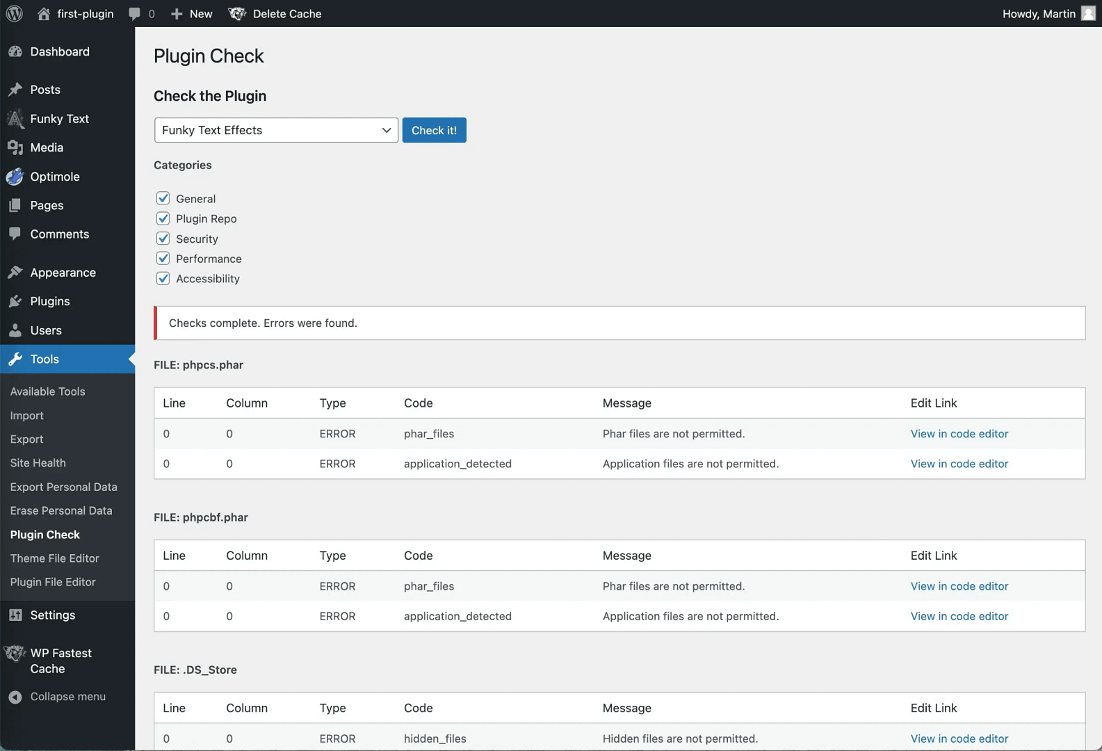 Results of the Plugin Check.