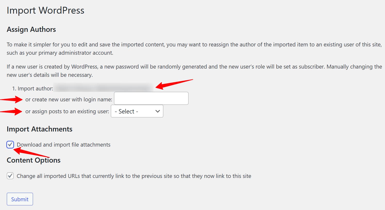 WordPress Importer options to assign authors and download and import file attachments