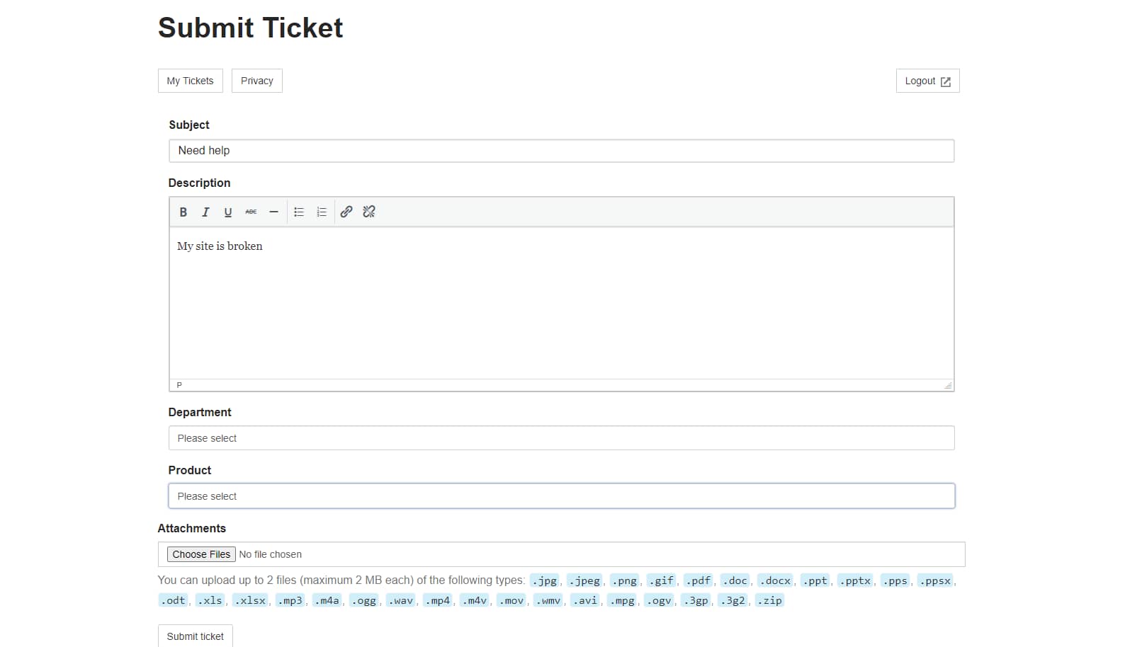 submit ticket form - WordPress helpdesk.