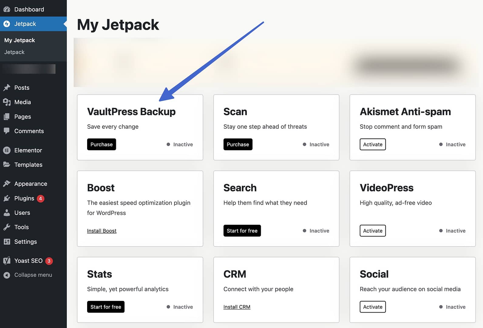 My Jetpack page and finding VaultPress Backup feature when comparing UpdraftPlus vs Jetpack.