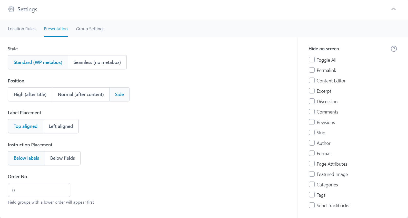 settings - Advanced Custom Fields tutorial.