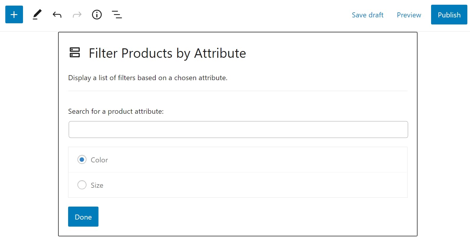 Using a WooCommerce product filter block to filter attributes by color