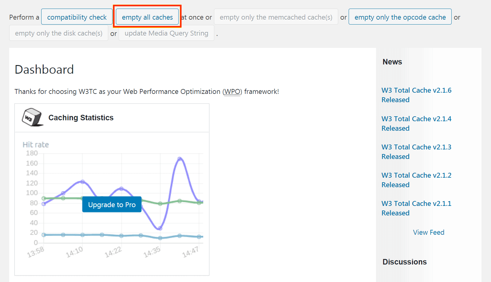 Clearing the W3 Total Cache to correct the WordPress missed schedule error.