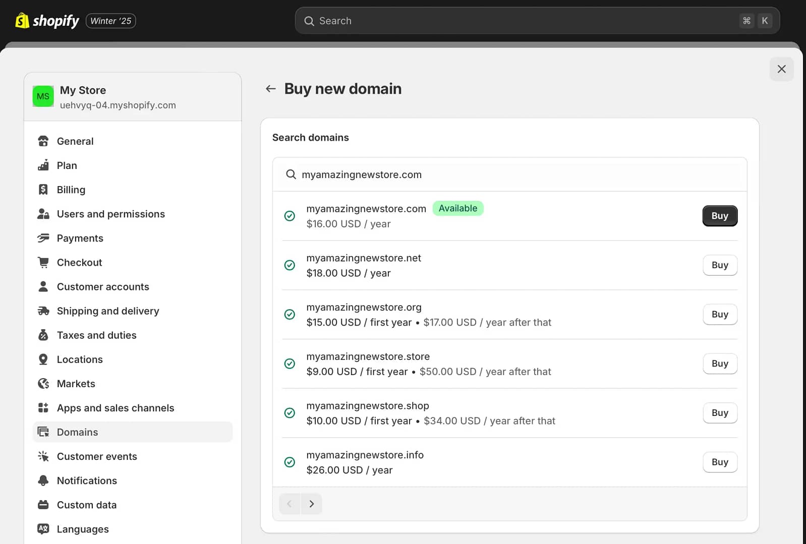 Buying a new domain on Shopify.