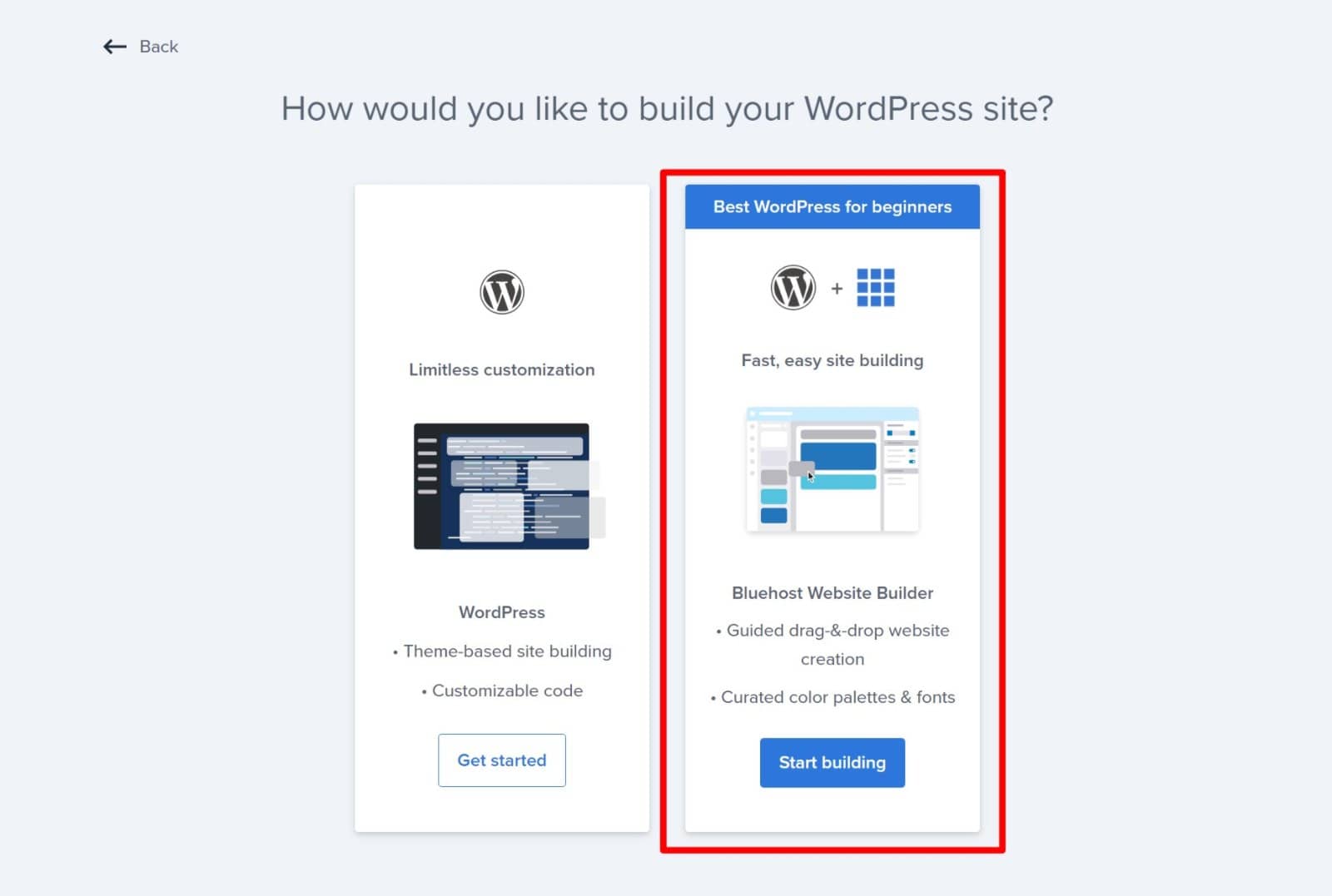 Choose Bluehost website builder