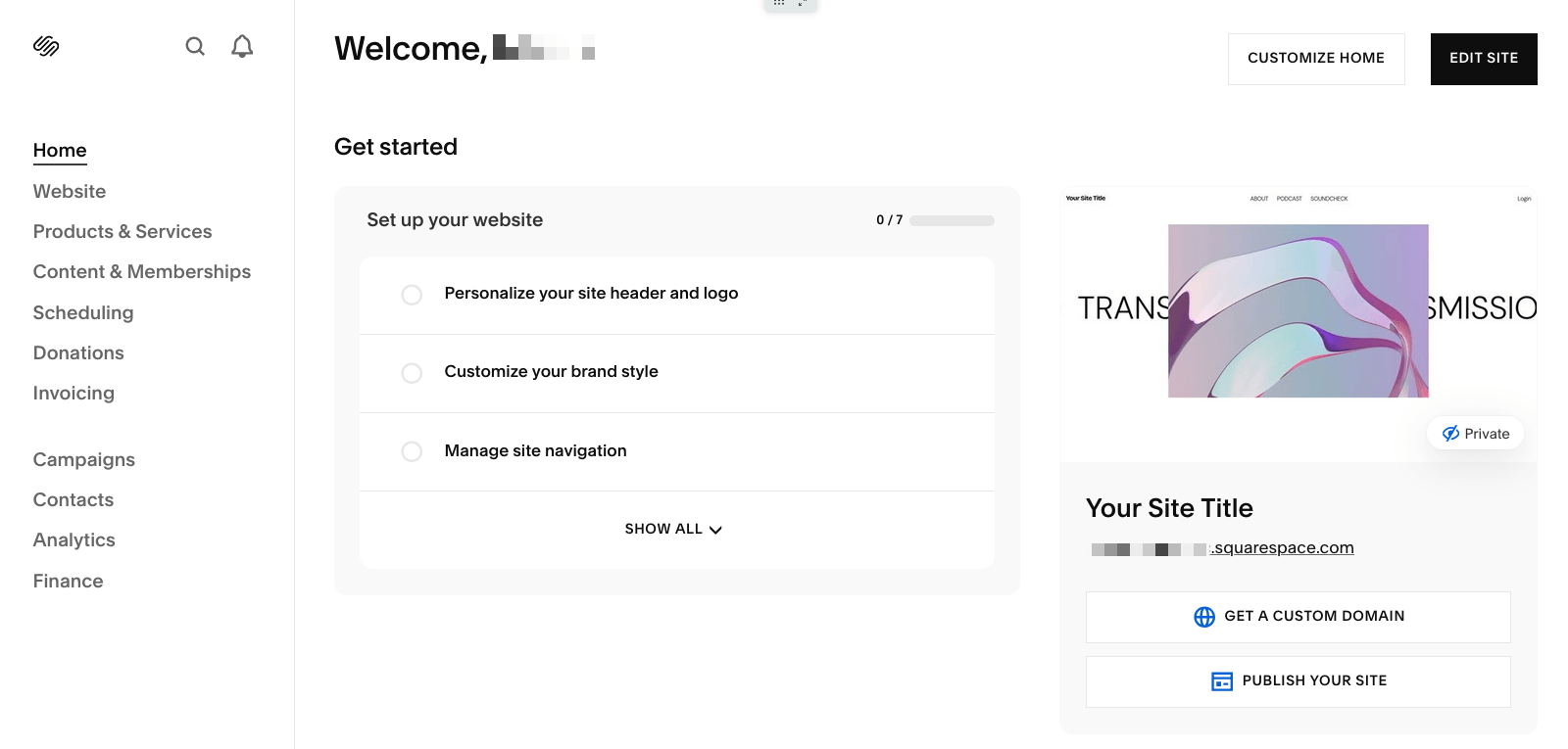 Squarespace dashboard