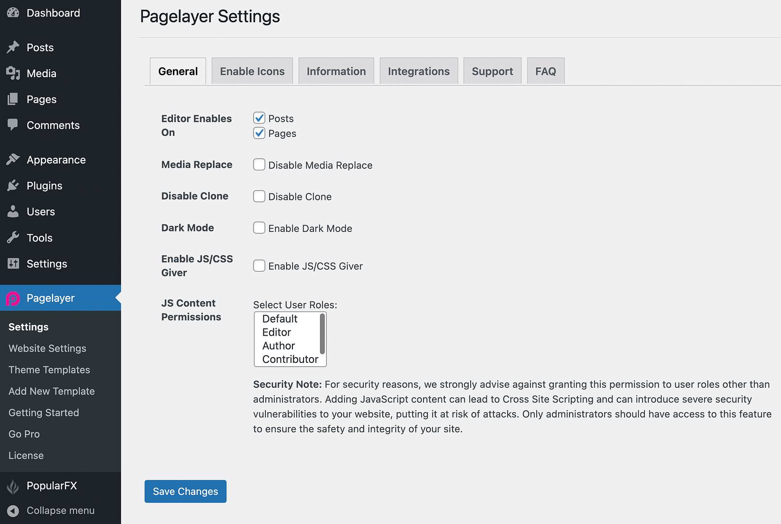 Pagelayer plugin settings.