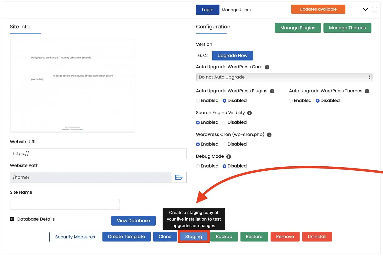 Creating a WordPress staging site using Softaculous.