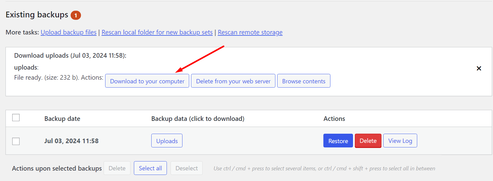 download images to your computer with UpdraftPlus