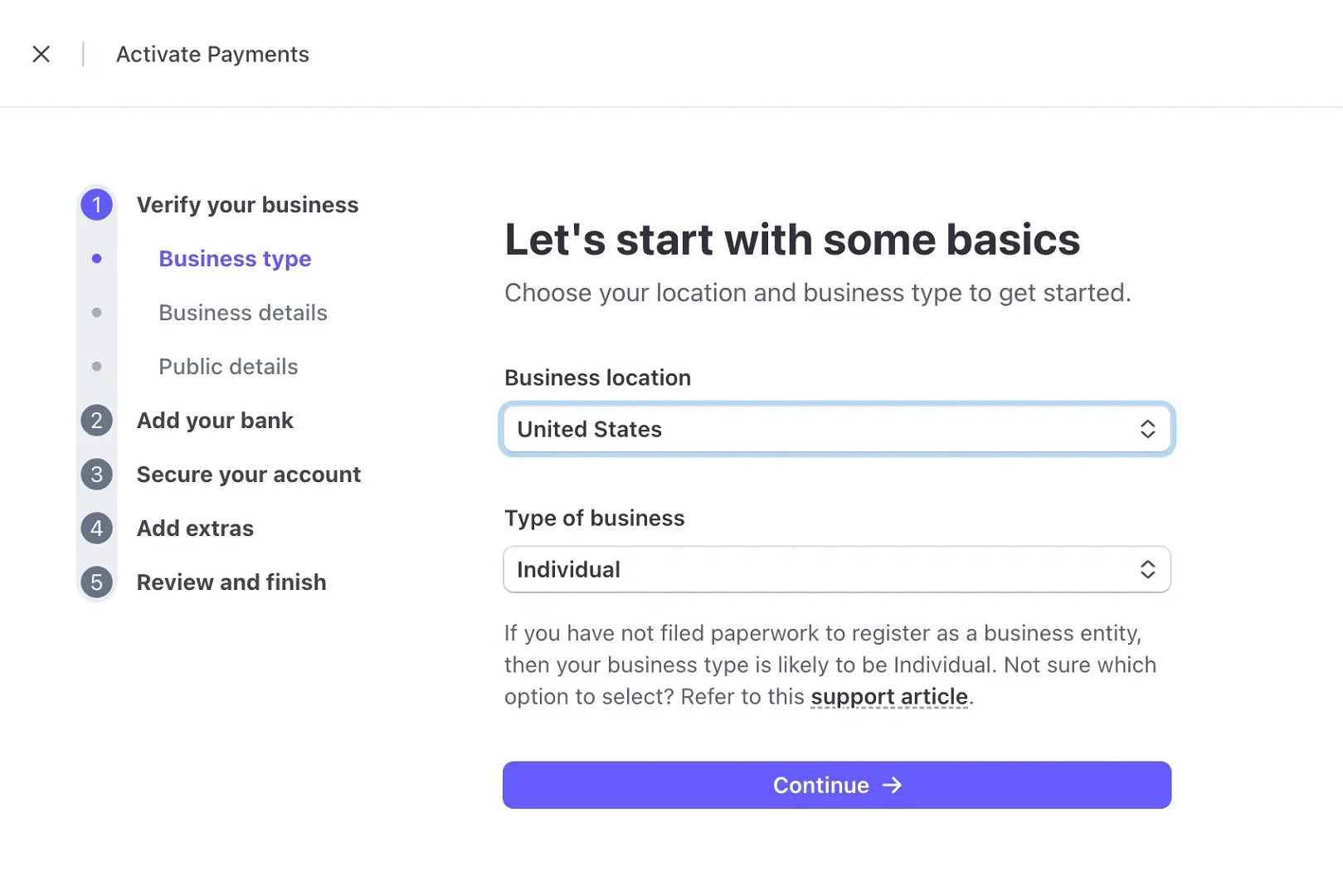 Stripe business profile setup wizard.