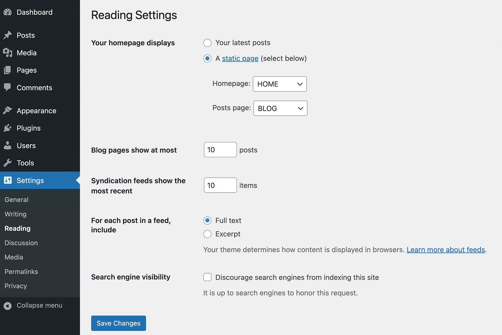 Modifying WordPress Reading Settings.