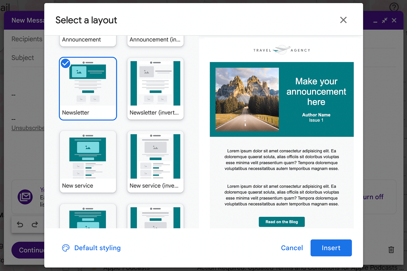 Choose a newsletter layout.
