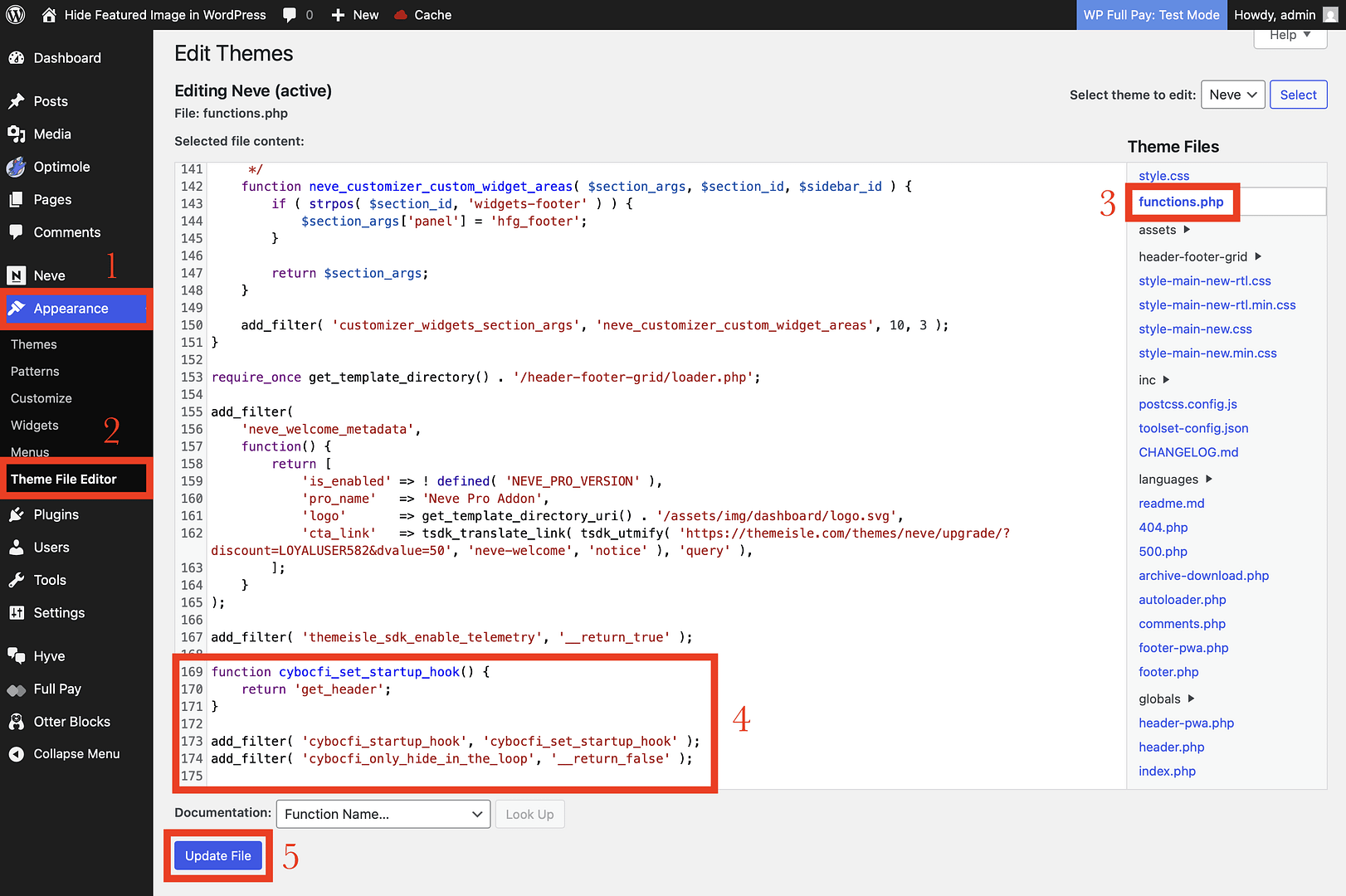 Pasting code snippet into functions.php file to resolve featured image not hiding.