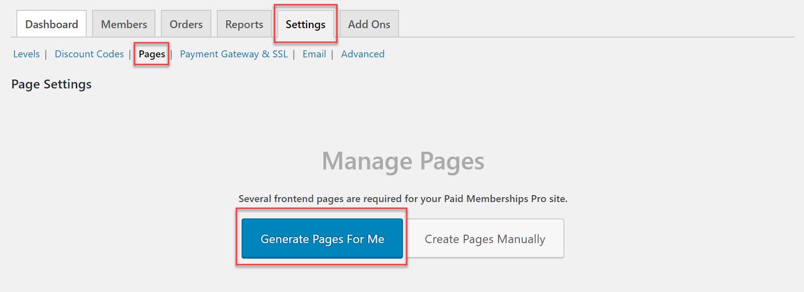 Generate pages inside the Paid Memberships Pro plugin