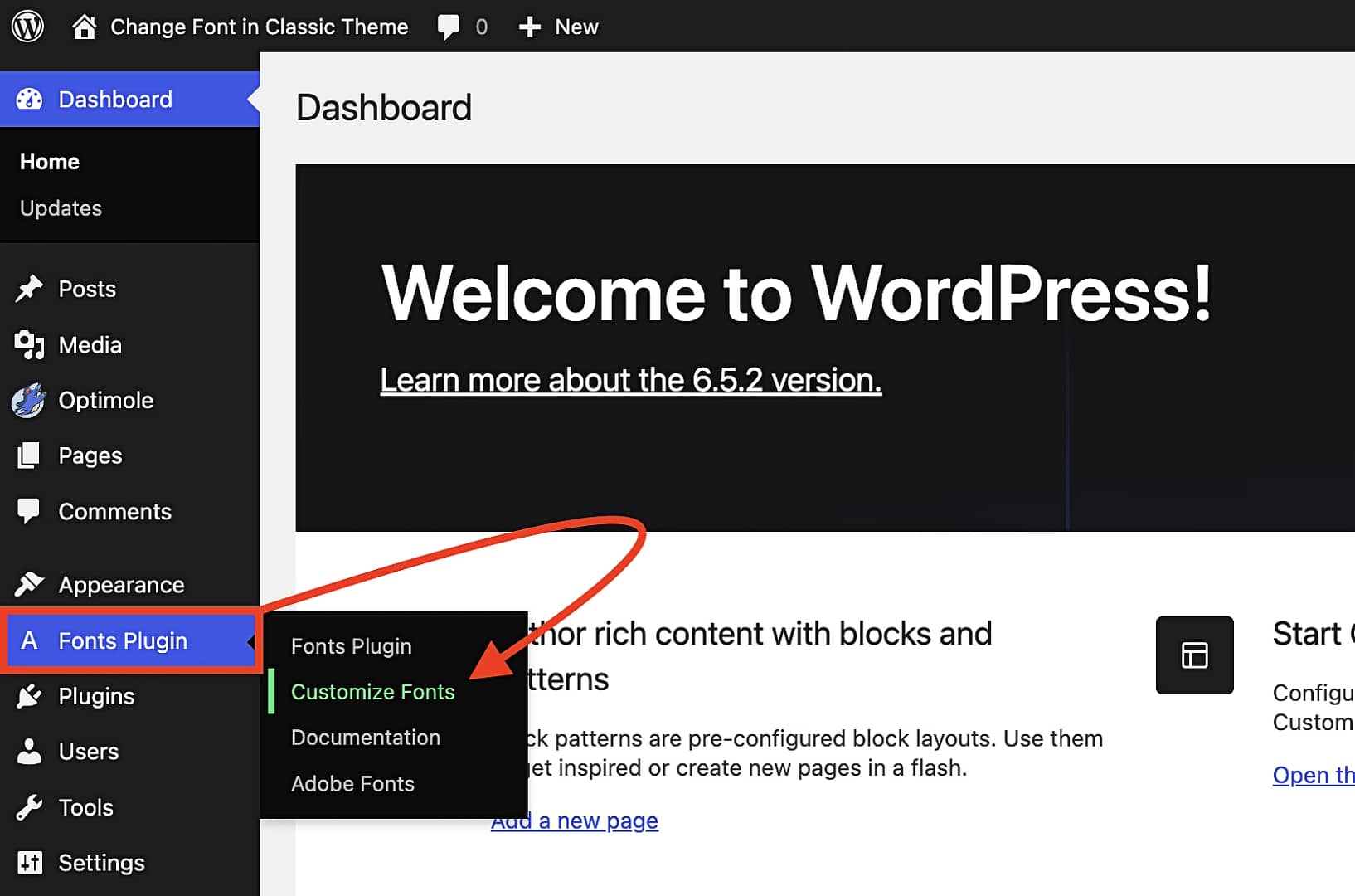 Accessing the customize fonts screen via the WordPress dashboard.