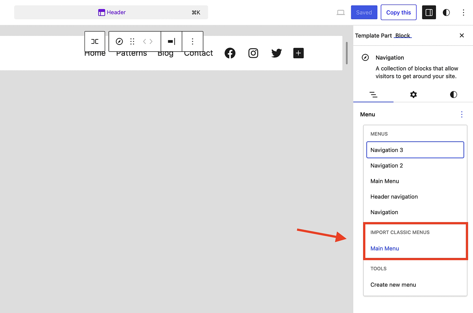 Selecting the Import Classic Menus option.