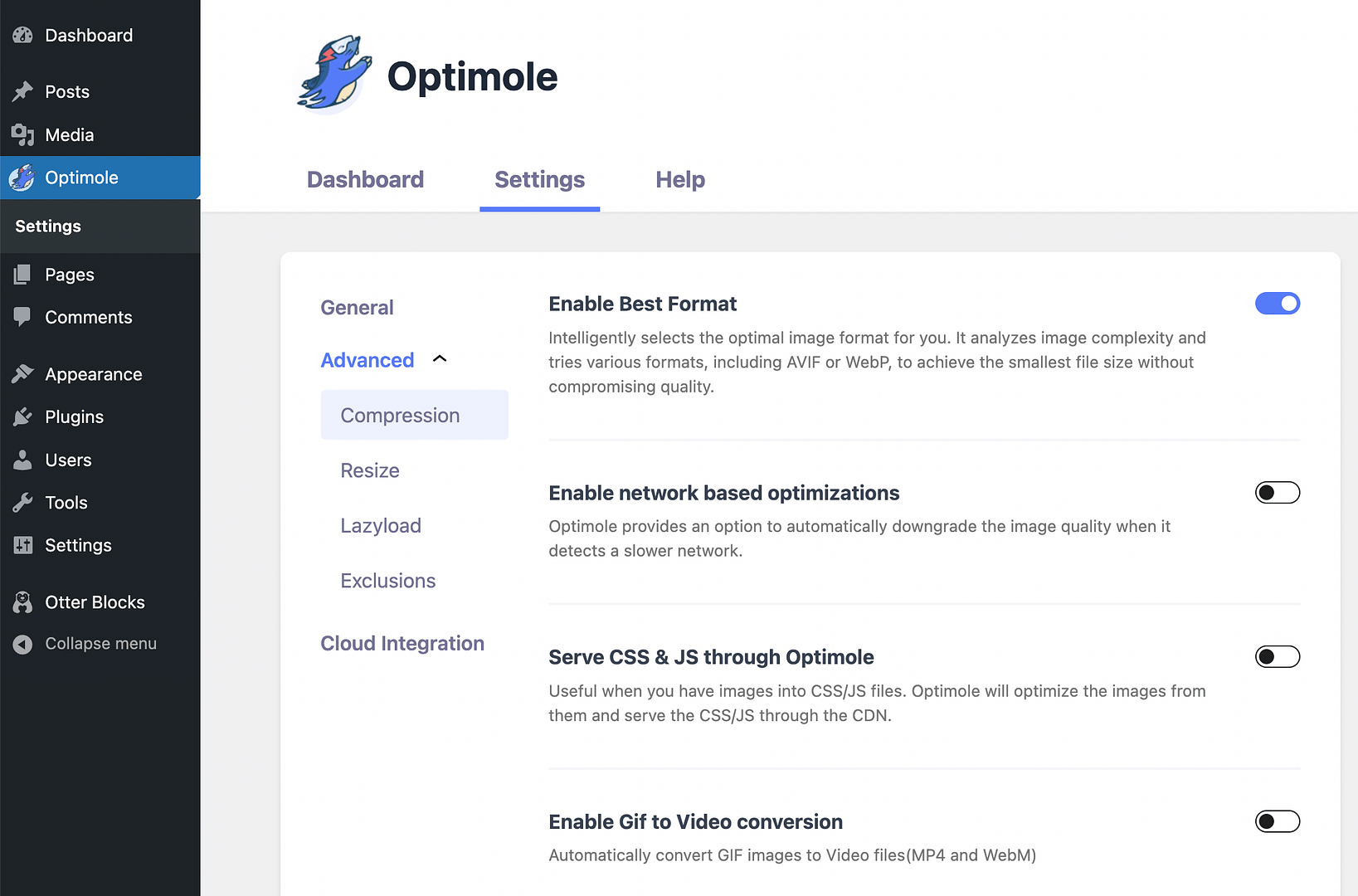 Optimole's advanced settings.