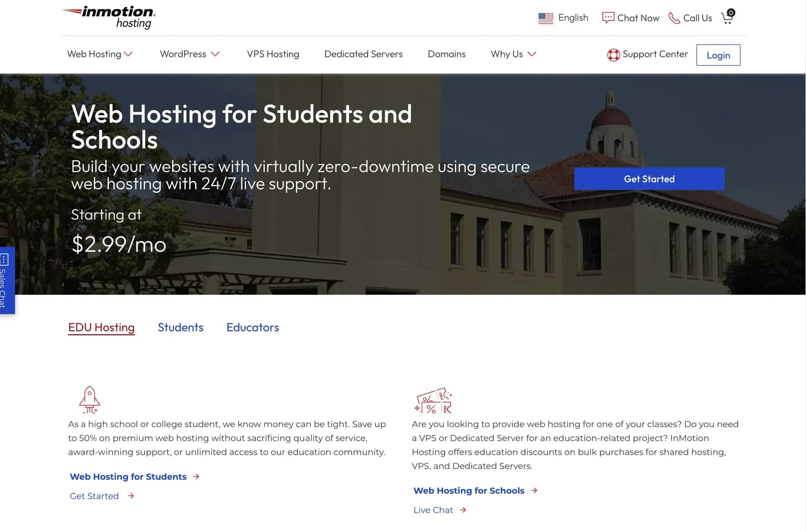 InMotion web hosting for students and schools landing page.