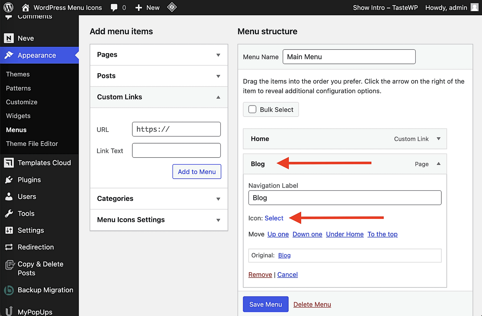 Selecting menu icon in WordPress menu.