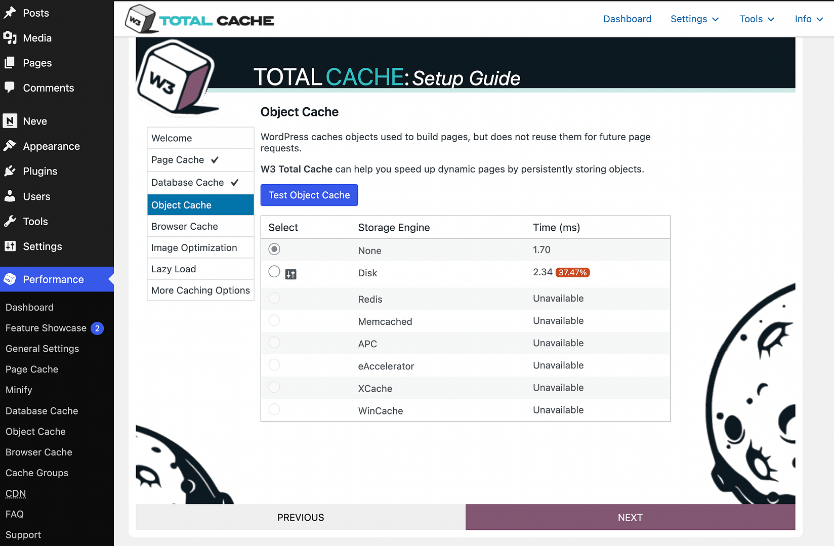 Object caching options in the W3 Total Cache setup guide.