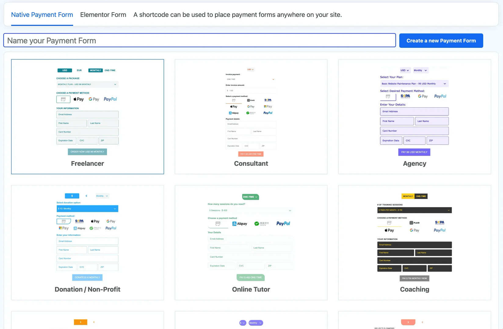 Payment Page template choices.