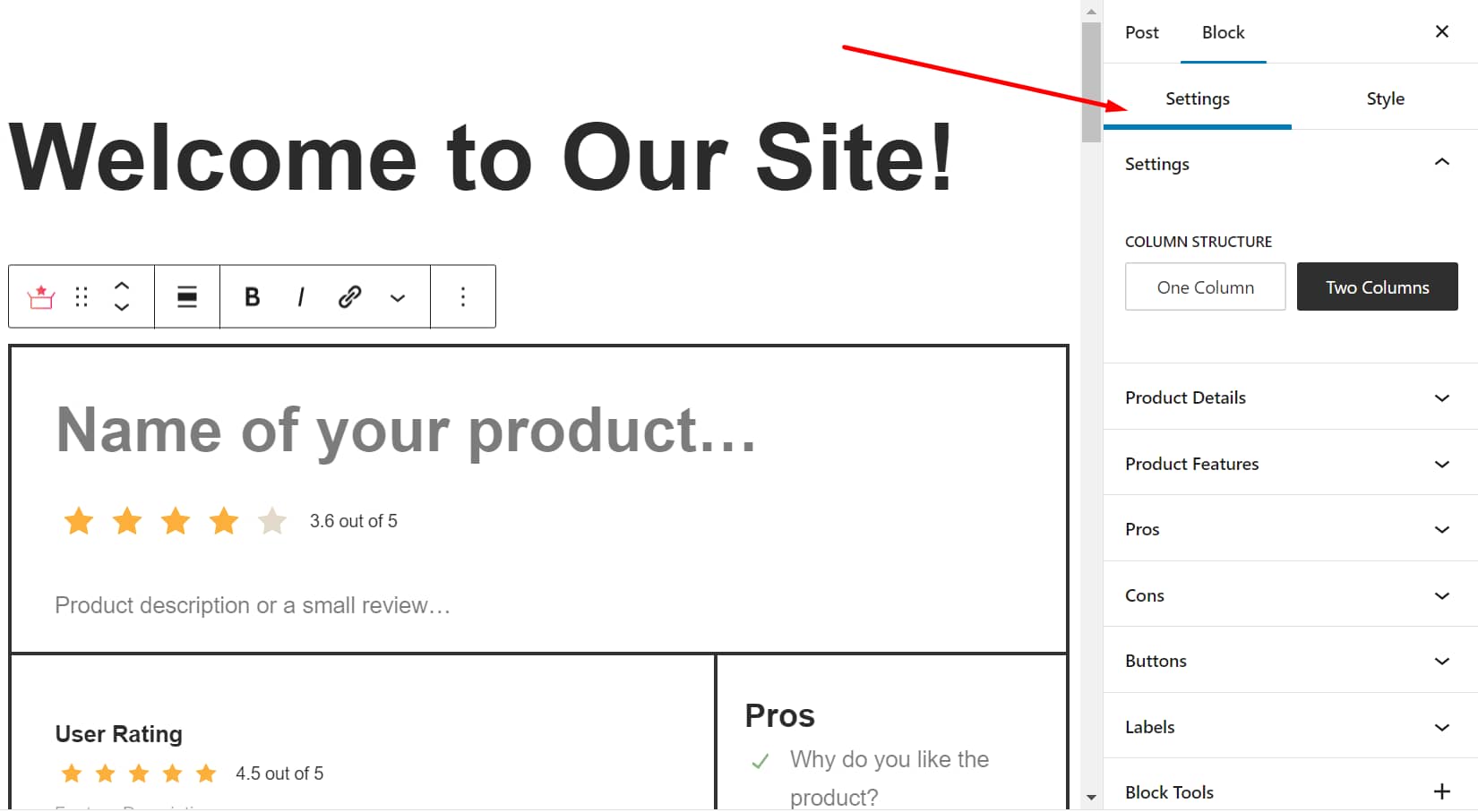 A screenshot showing the product review settings box in the Otter Blocks plugin.