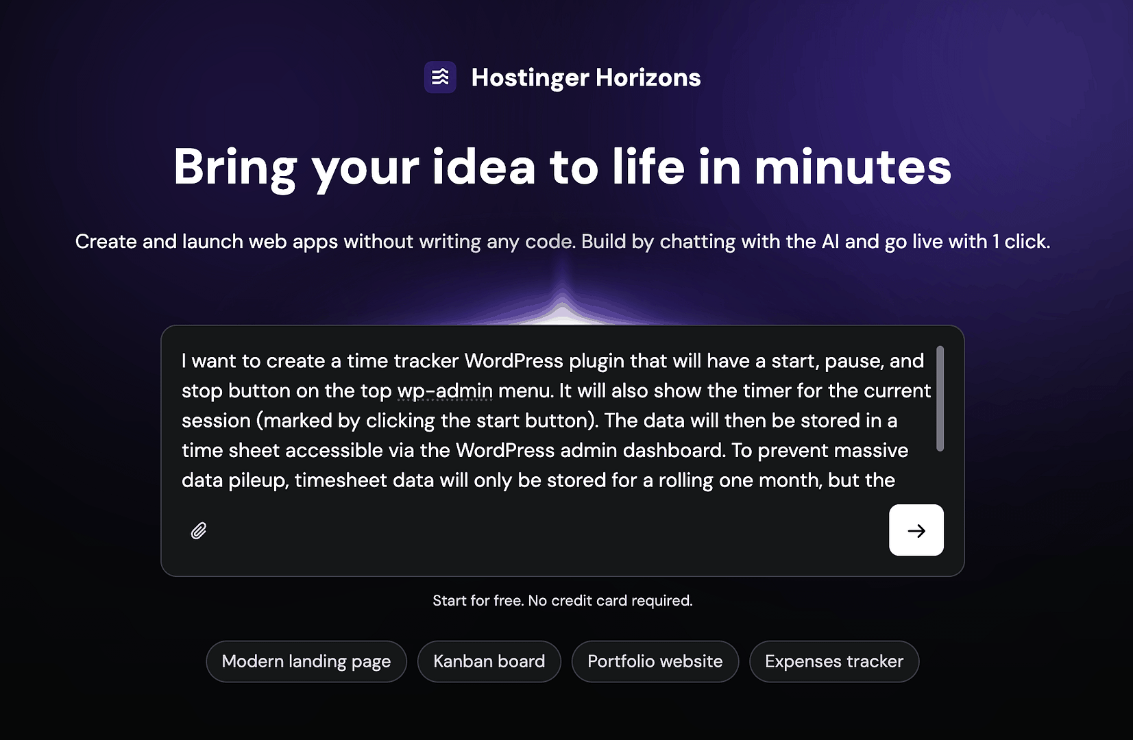 Hostinger Horizons prompt window.