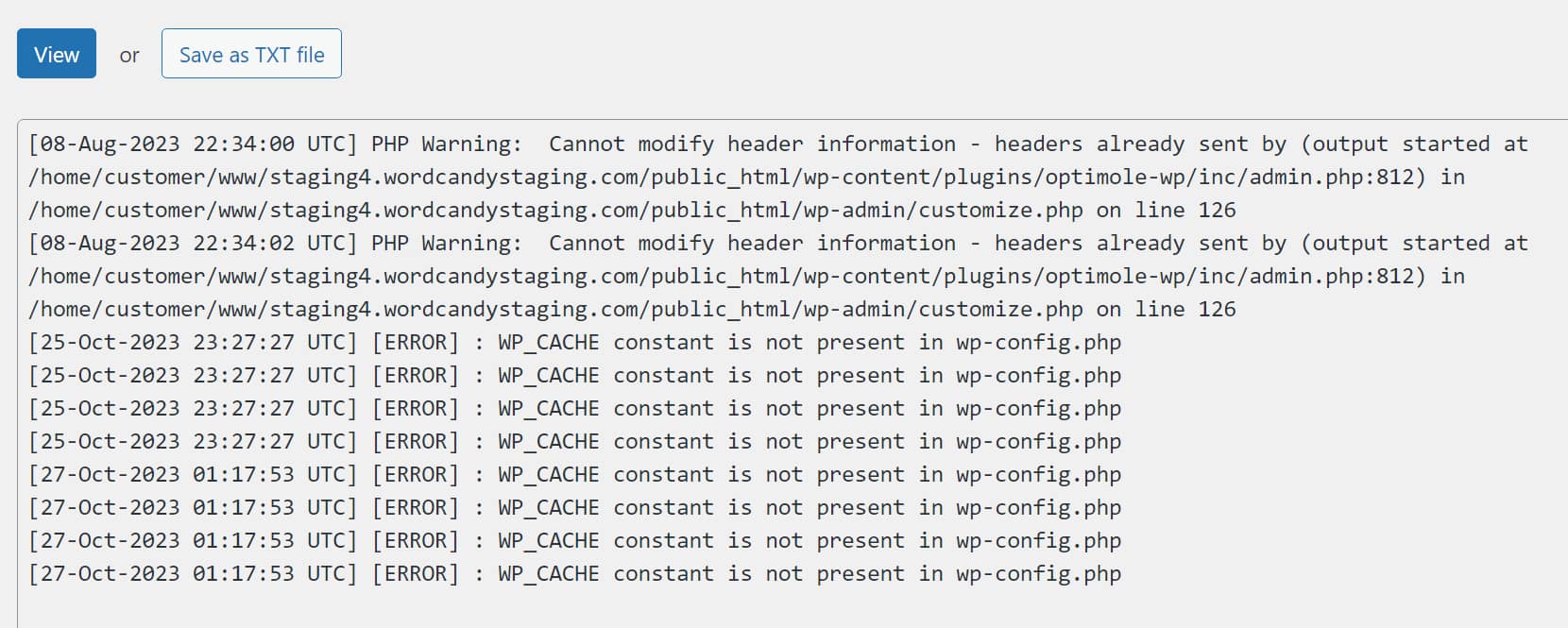 WordPress error log