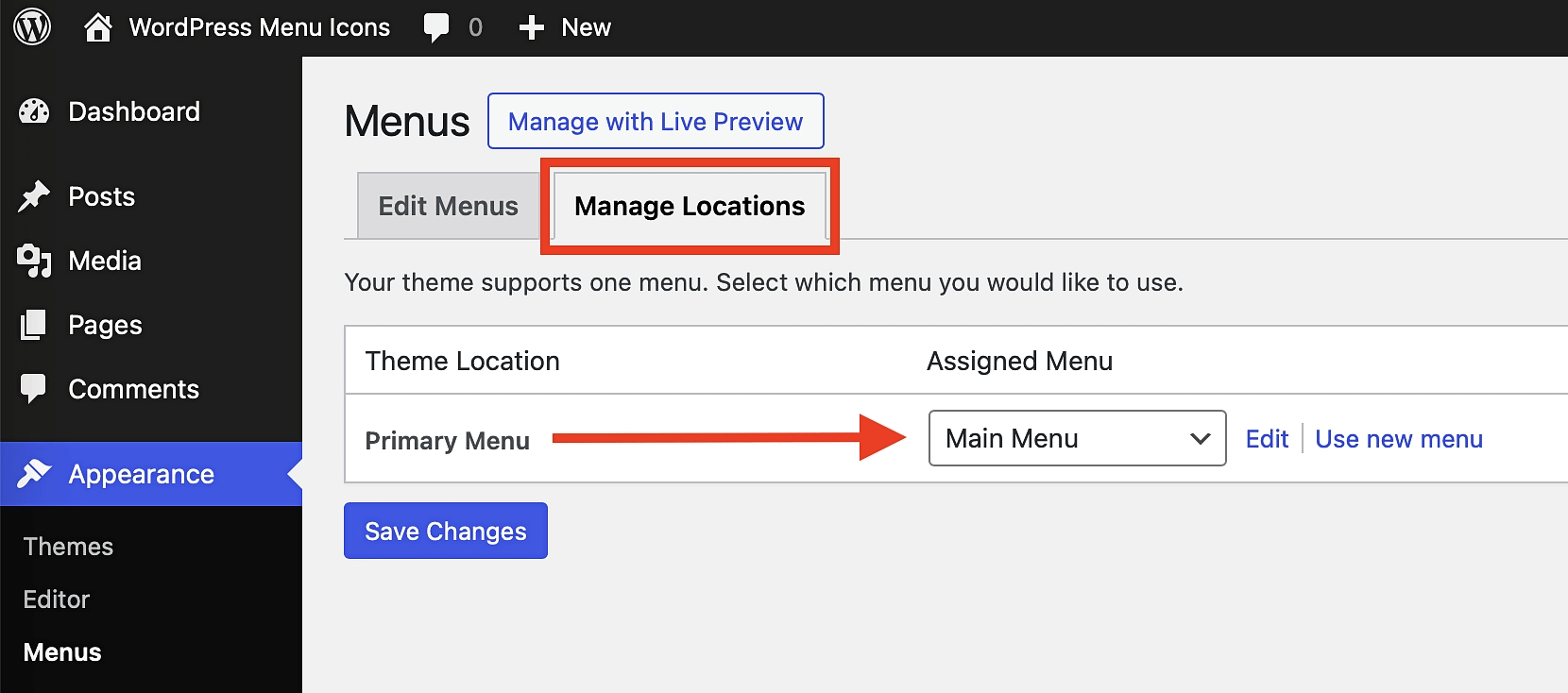 Managing menu location and ensuring that Primary Menu is set to the menu we created.