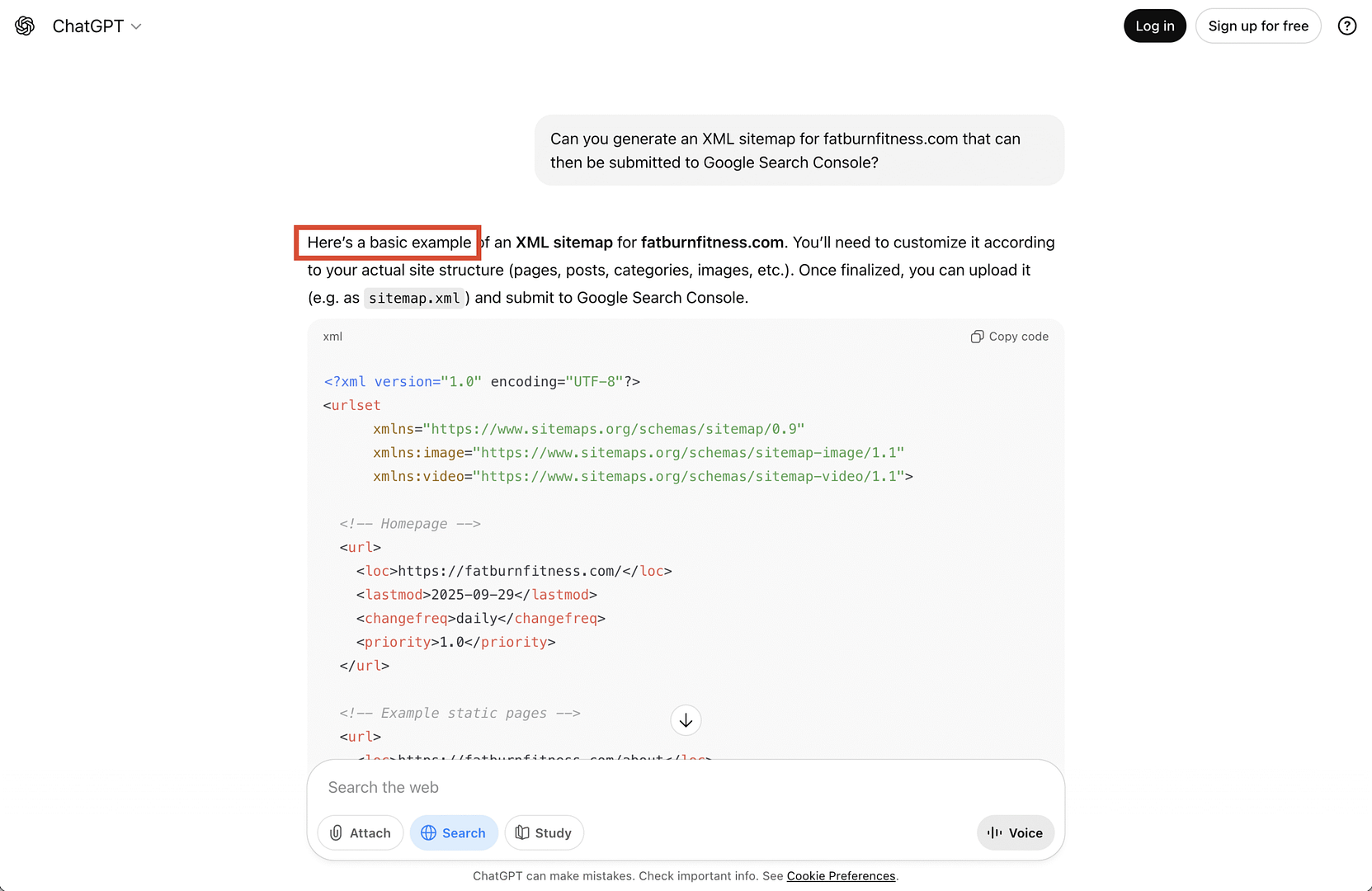 Asking ChatGPT to generate an XML sitemap when not logged in