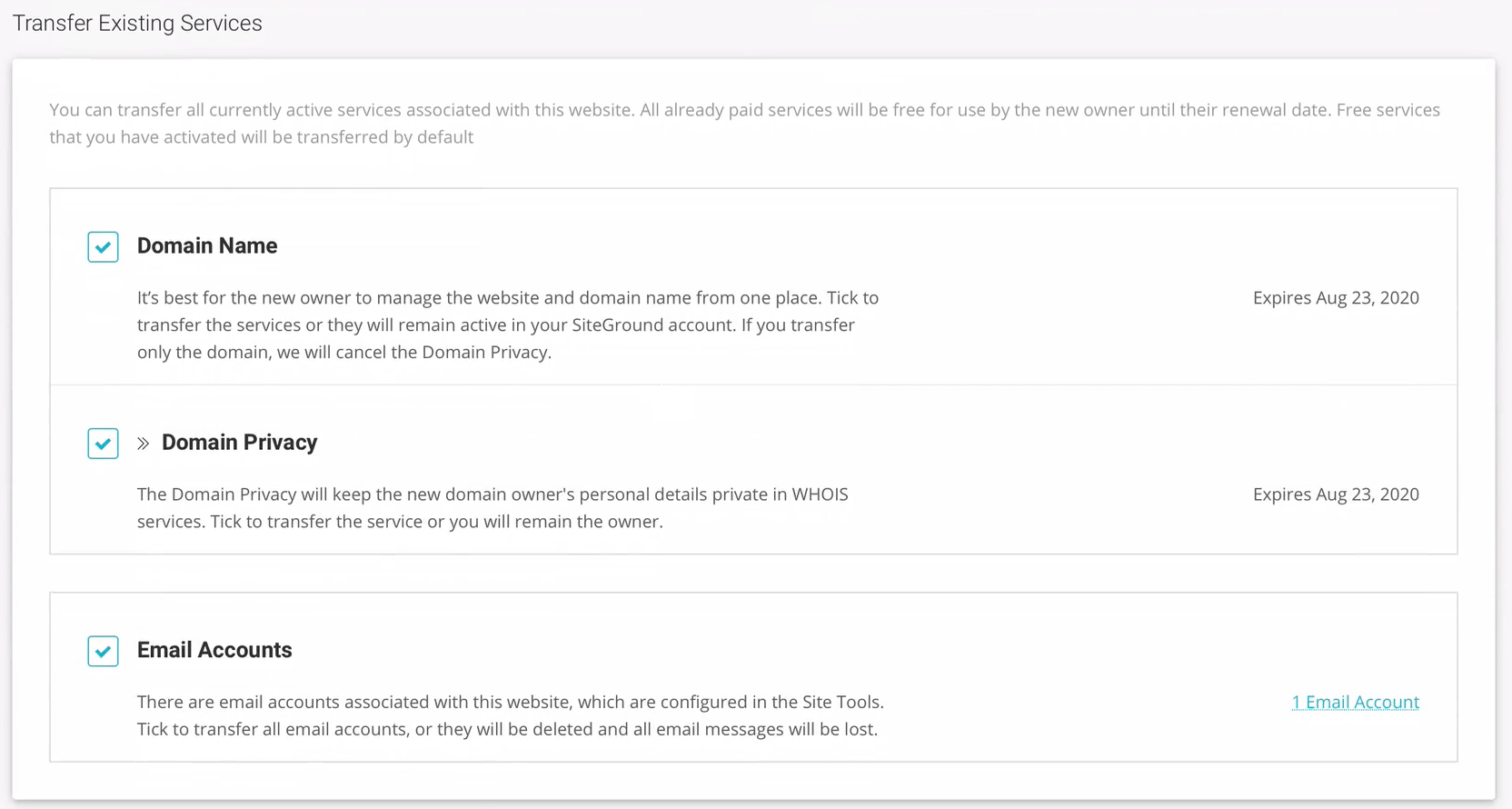 An example of transferring site ownership with the SiteGround pricing plan, GoGeek.