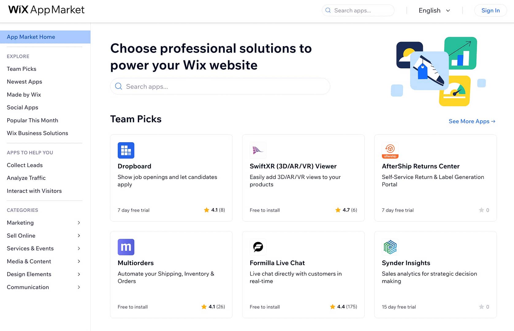 Viewing the Wix App Market.