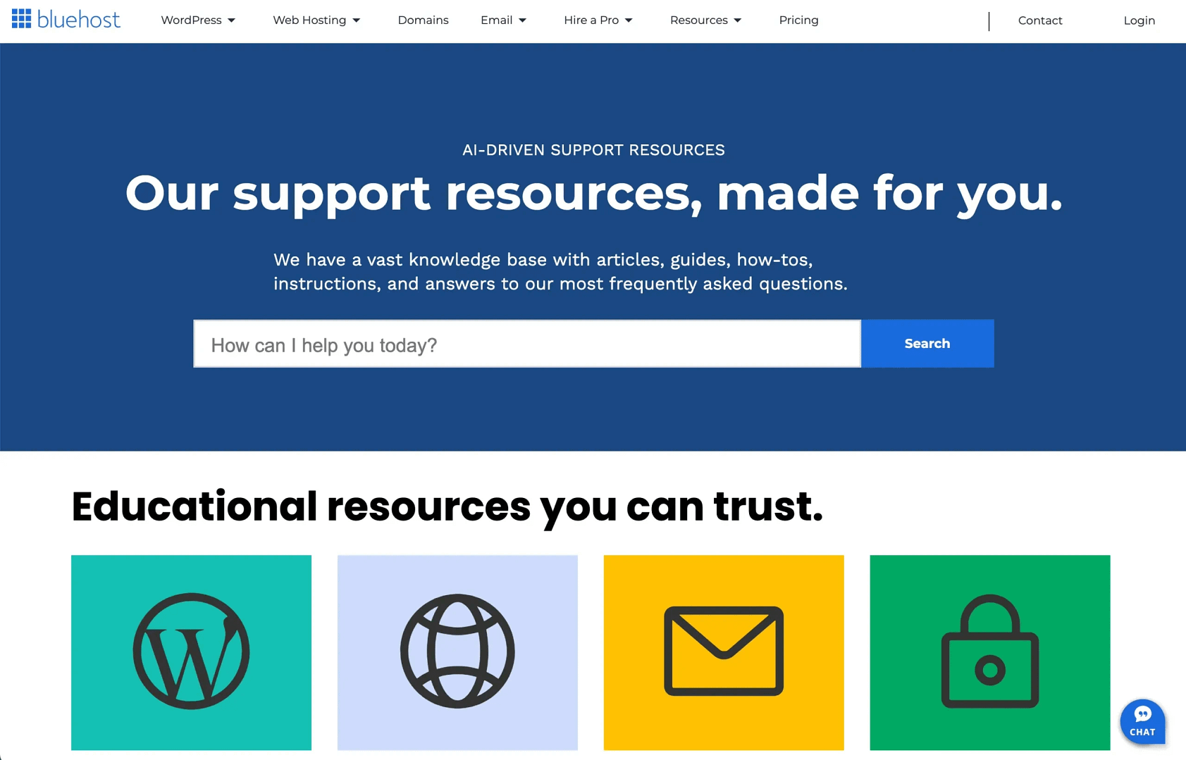 Bluehost customer support page.