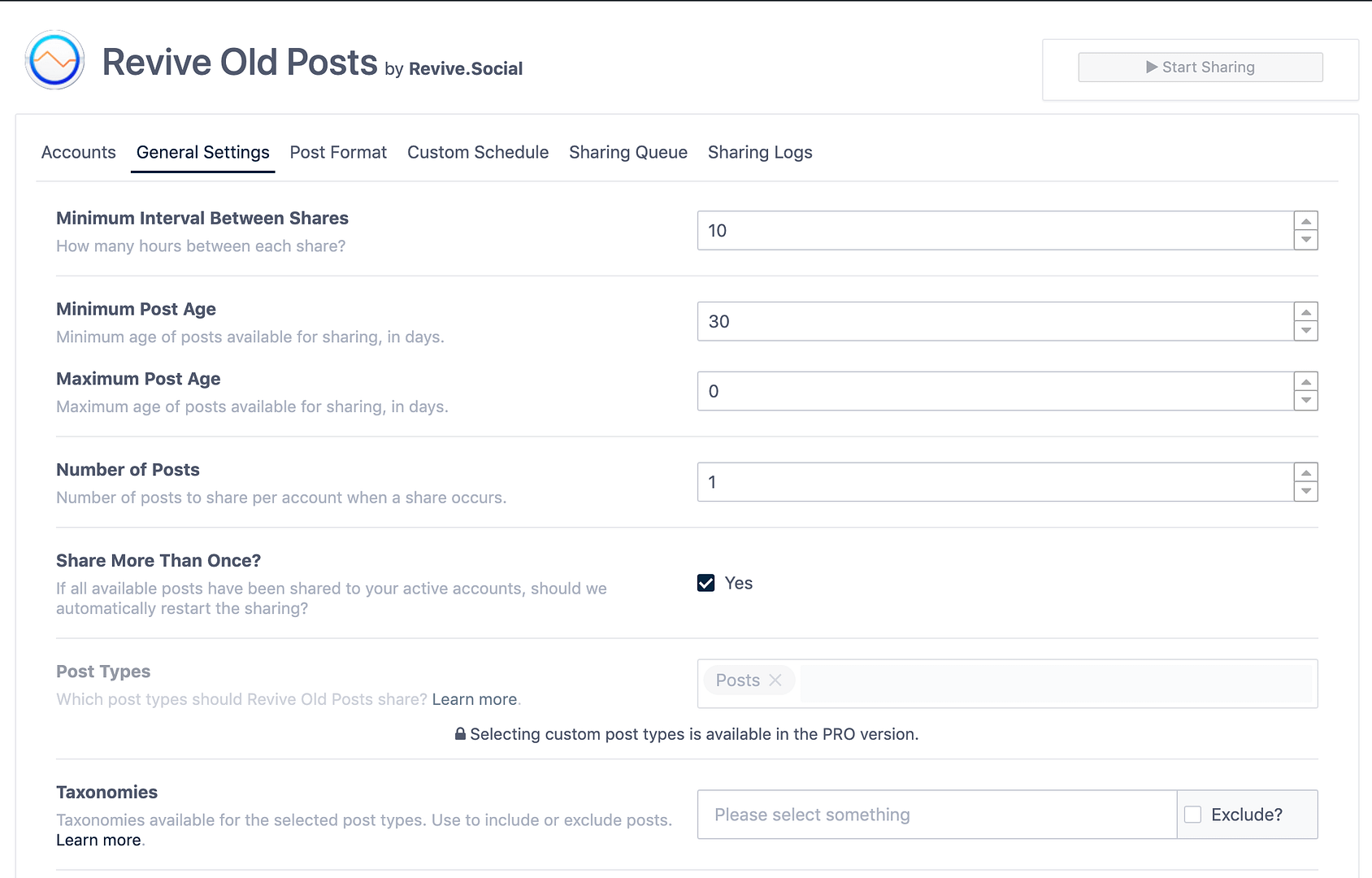 Configuring Revive Old Posts to automatically post to Facebook & Twitter from WordPress' settings.
