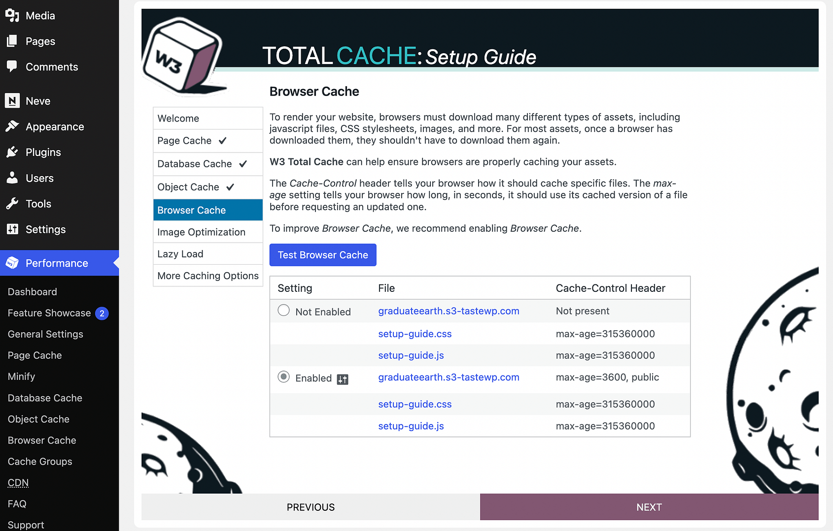 Browser caching options in W3 Total Cache plugin.