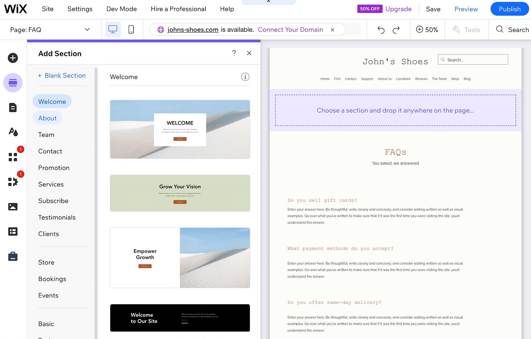 Adding sections and pages in our Wix ADI review.
