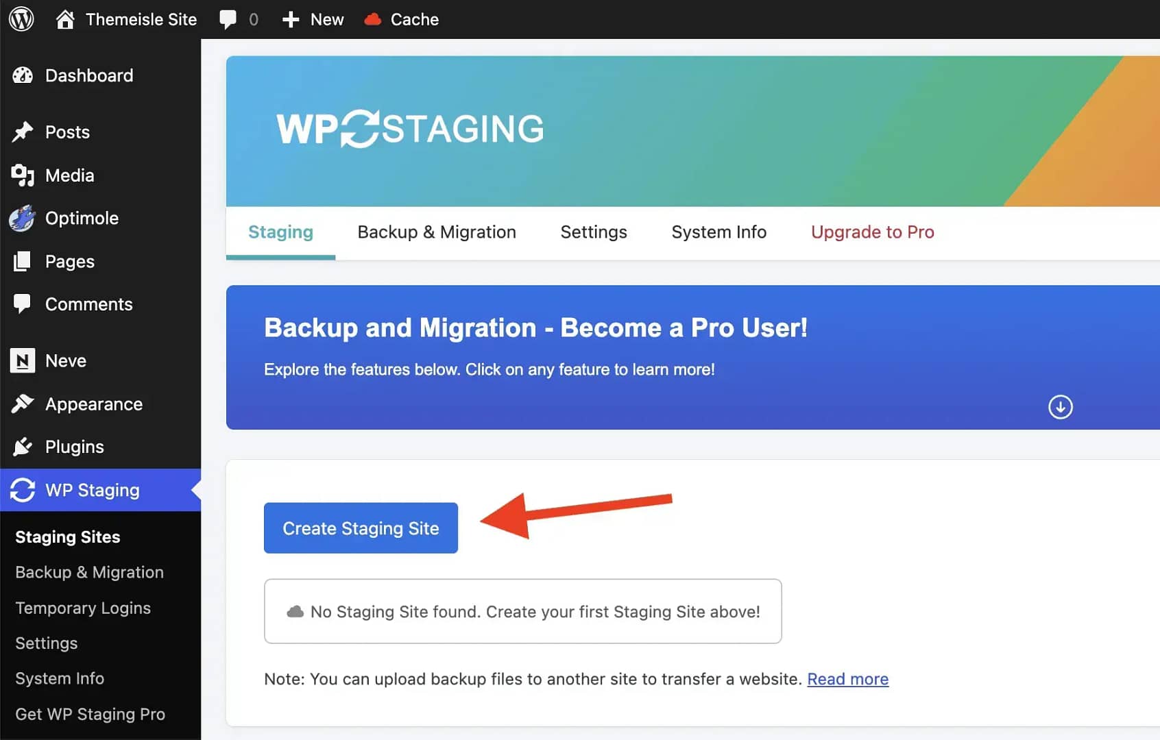 WP Staging plugin admin menu.
