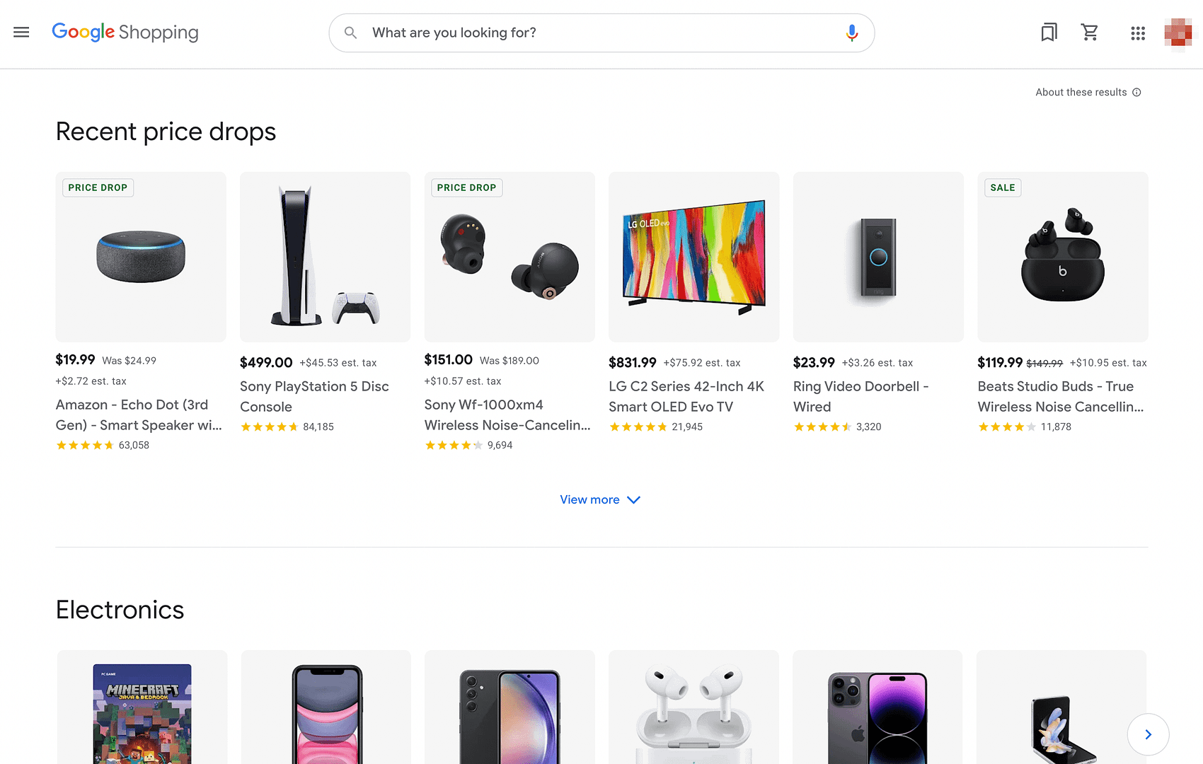 The Google Shopping homepage.