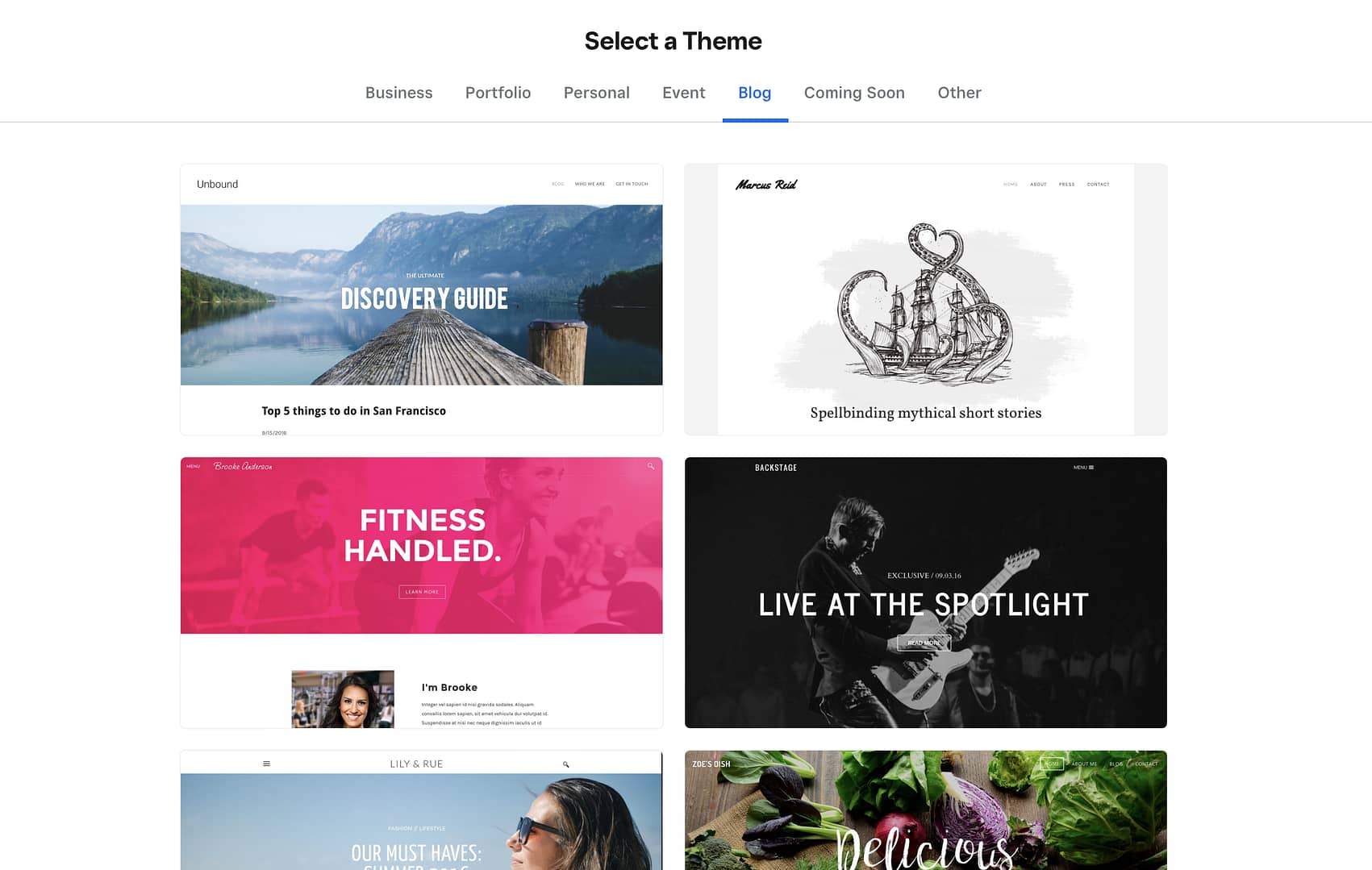 Choosing a Weebly theme.