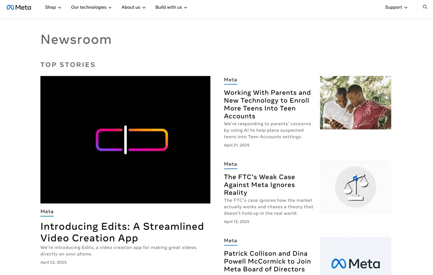 Meta Newsroom homepage.