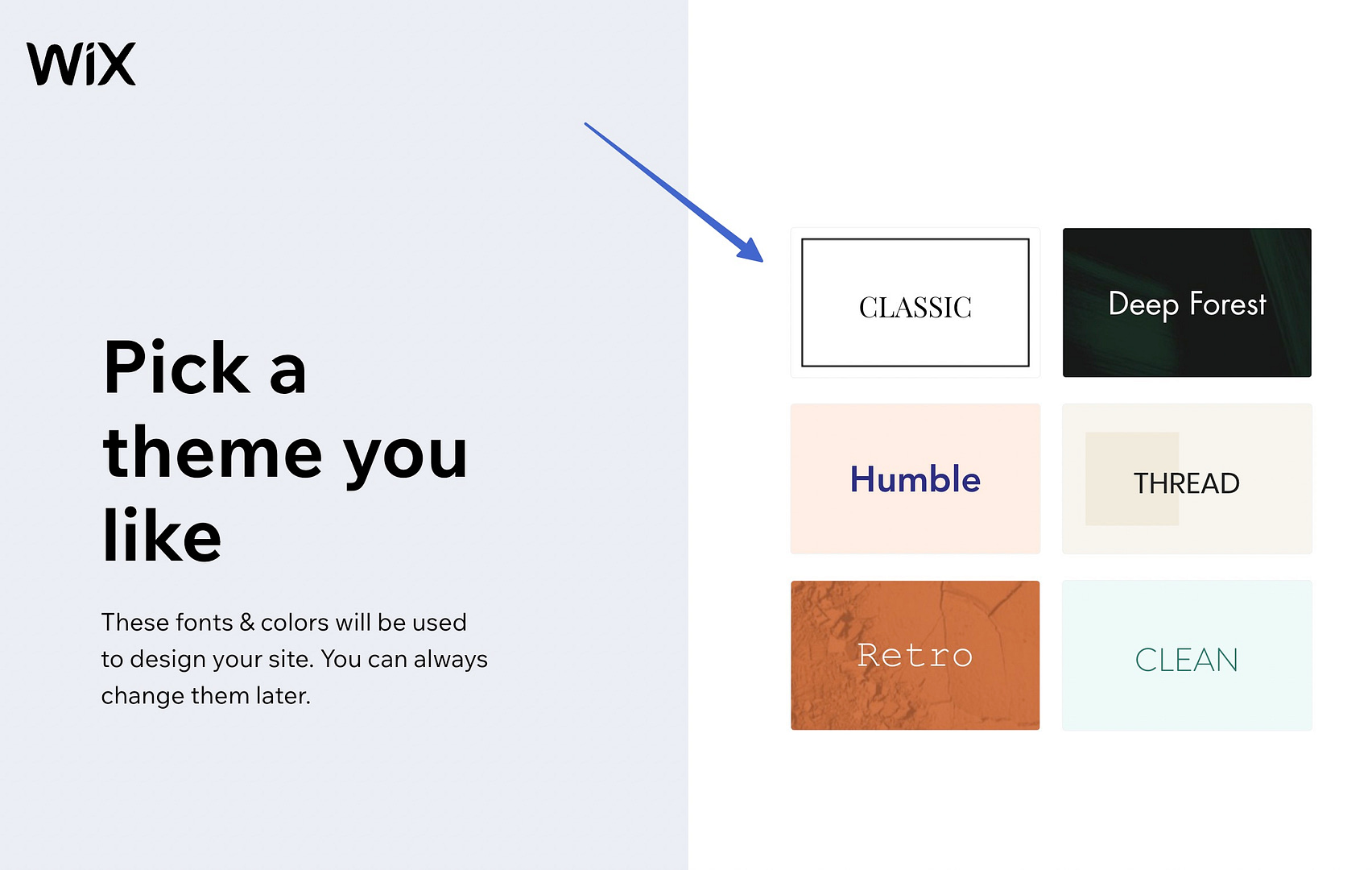 Themes shown through Wix ADI.