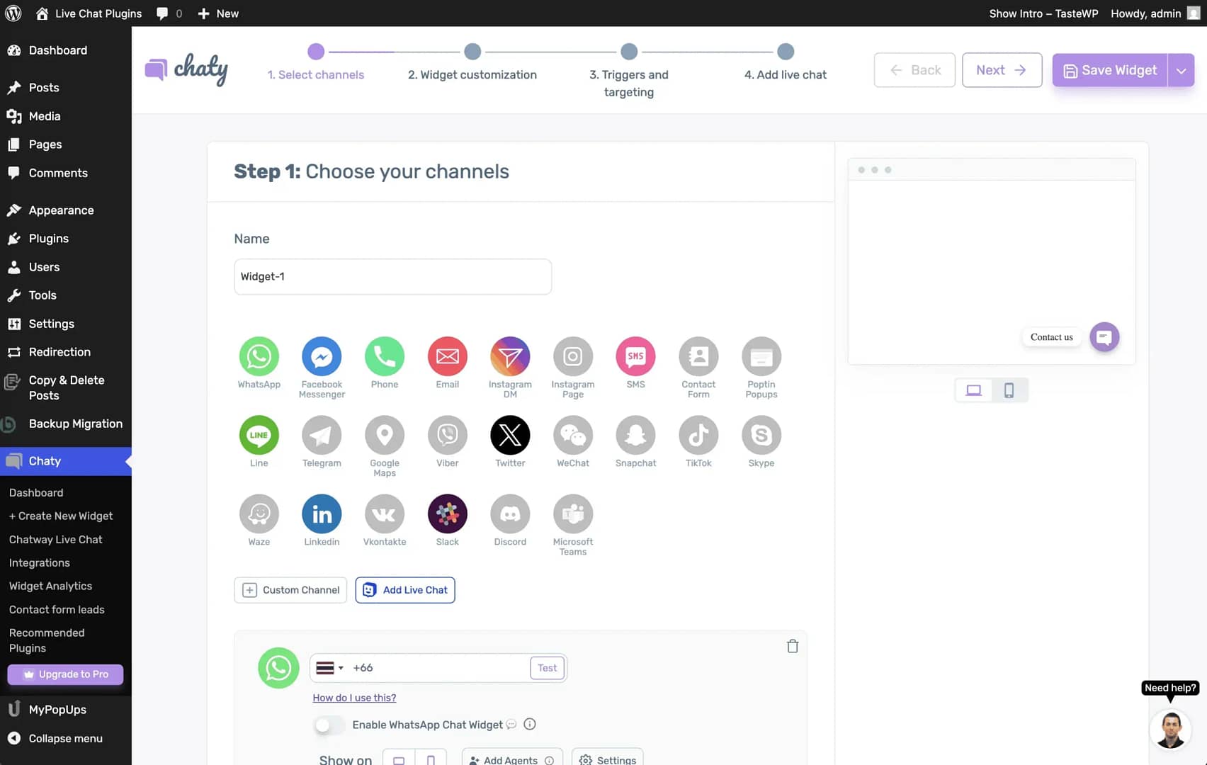 Chaty interface in wp-admin