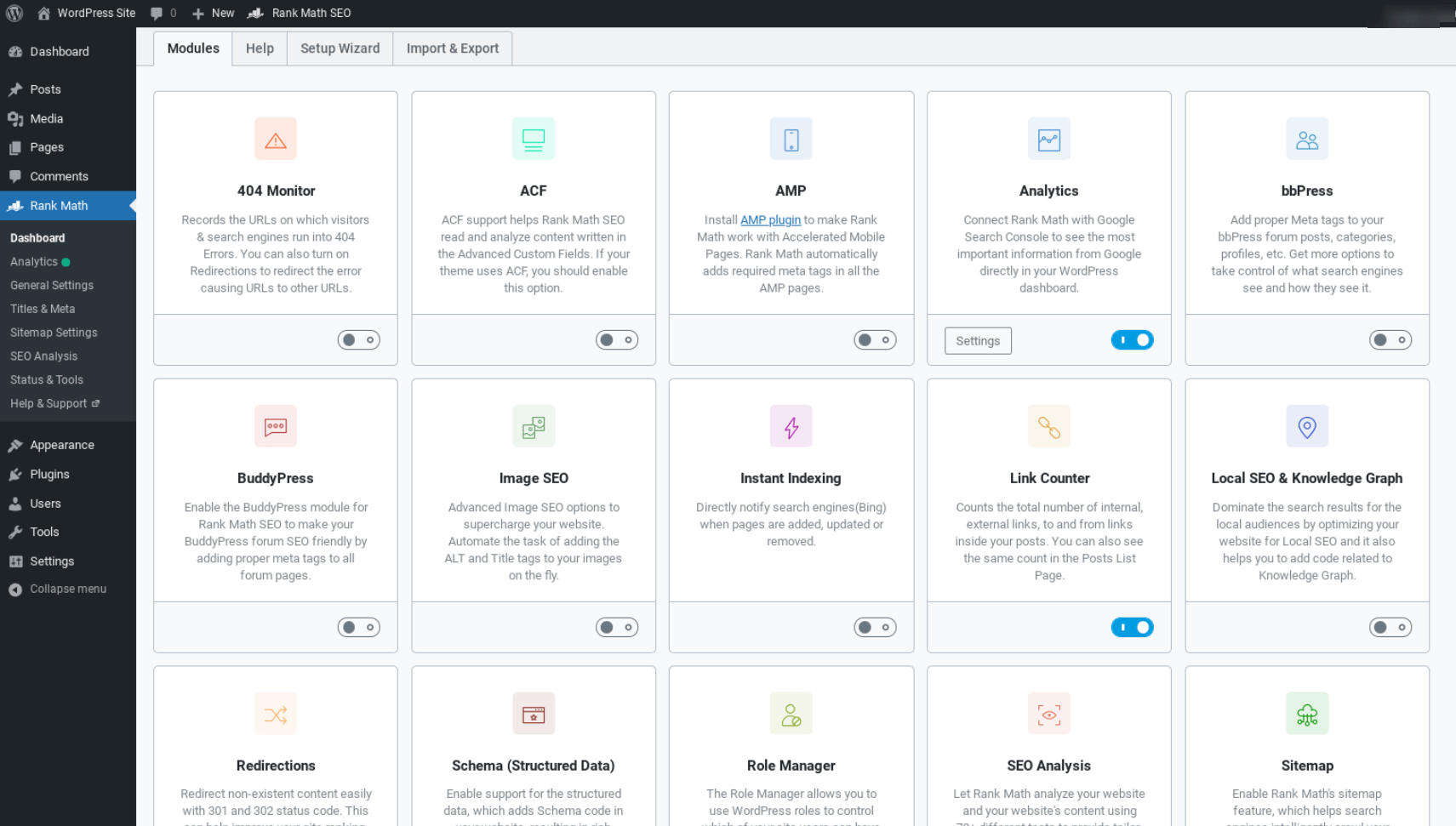 The Rank Math dashboard interface.