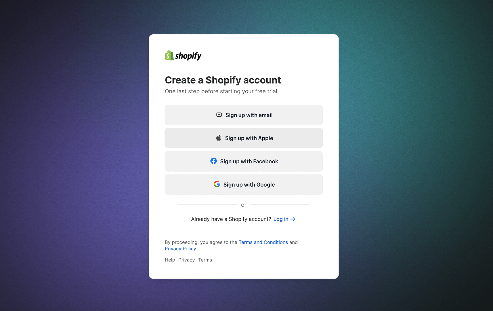 Create Shopify account.