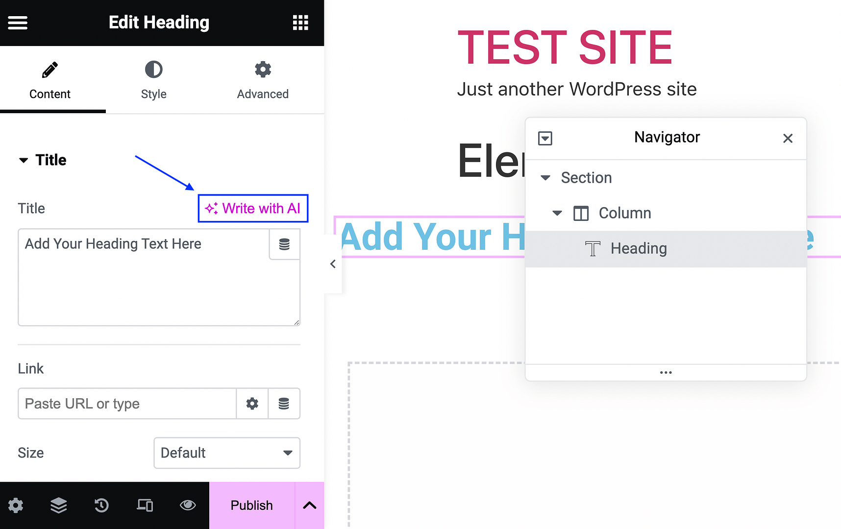 Elementor's "Write with AI" link.