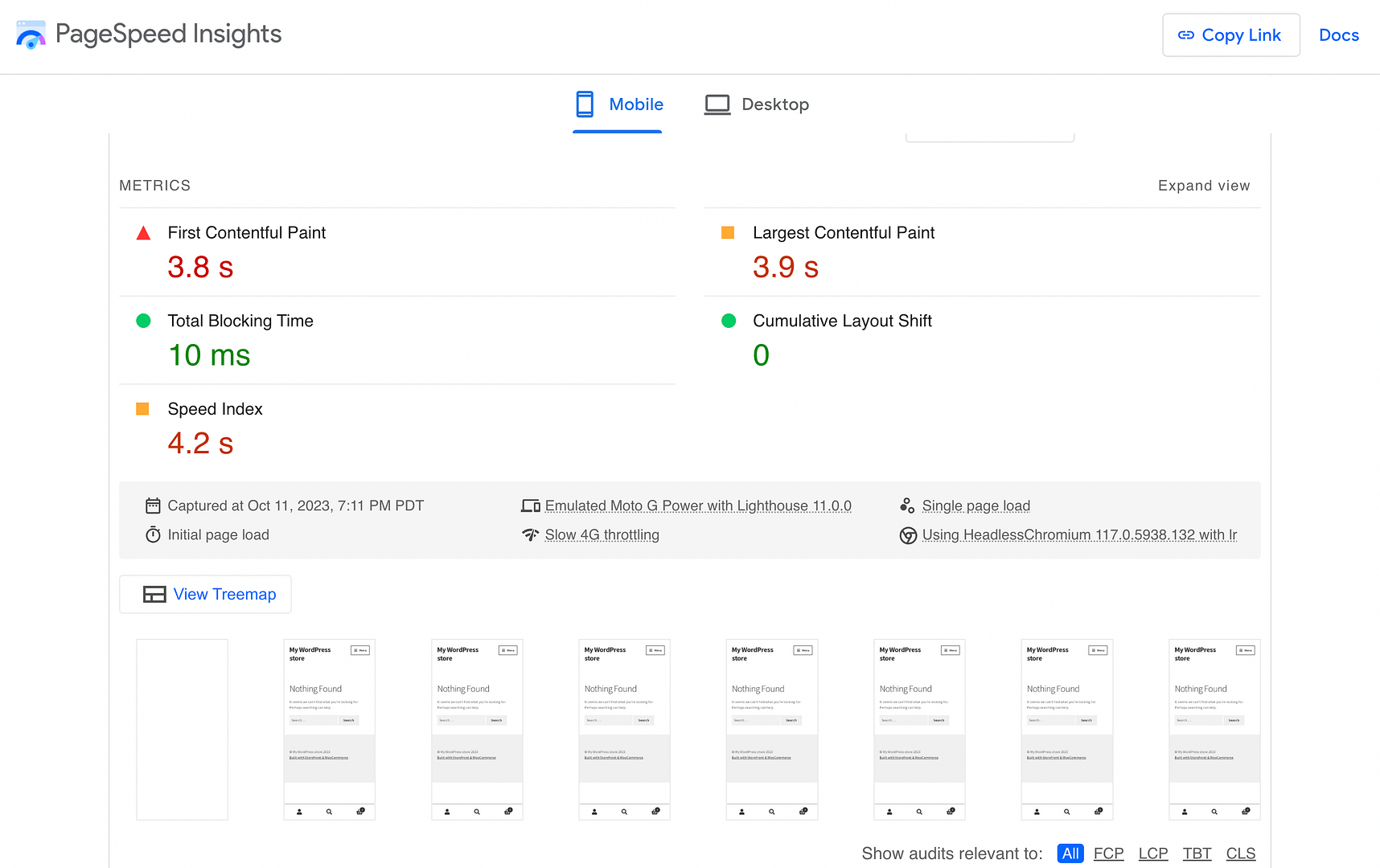 Core web vitals scores for Smush site.