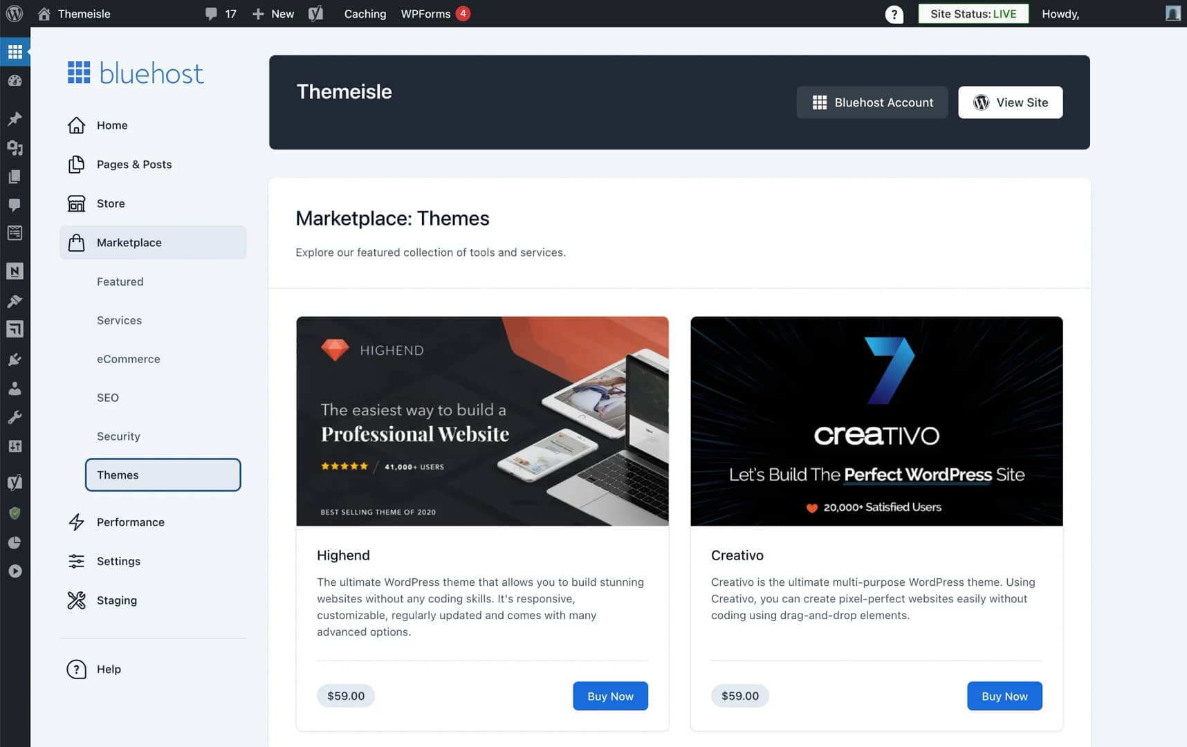 Bluehost theme marketplace in dashboard.