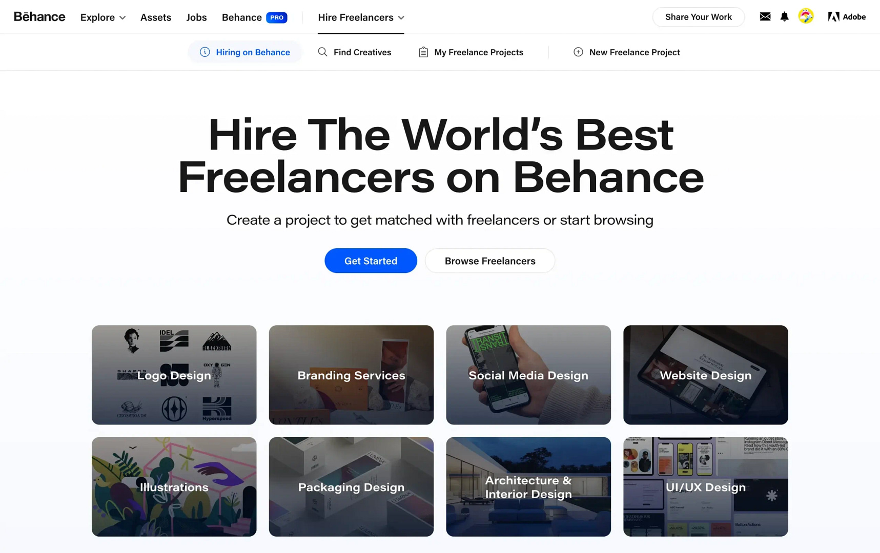 Behance hire landing page.