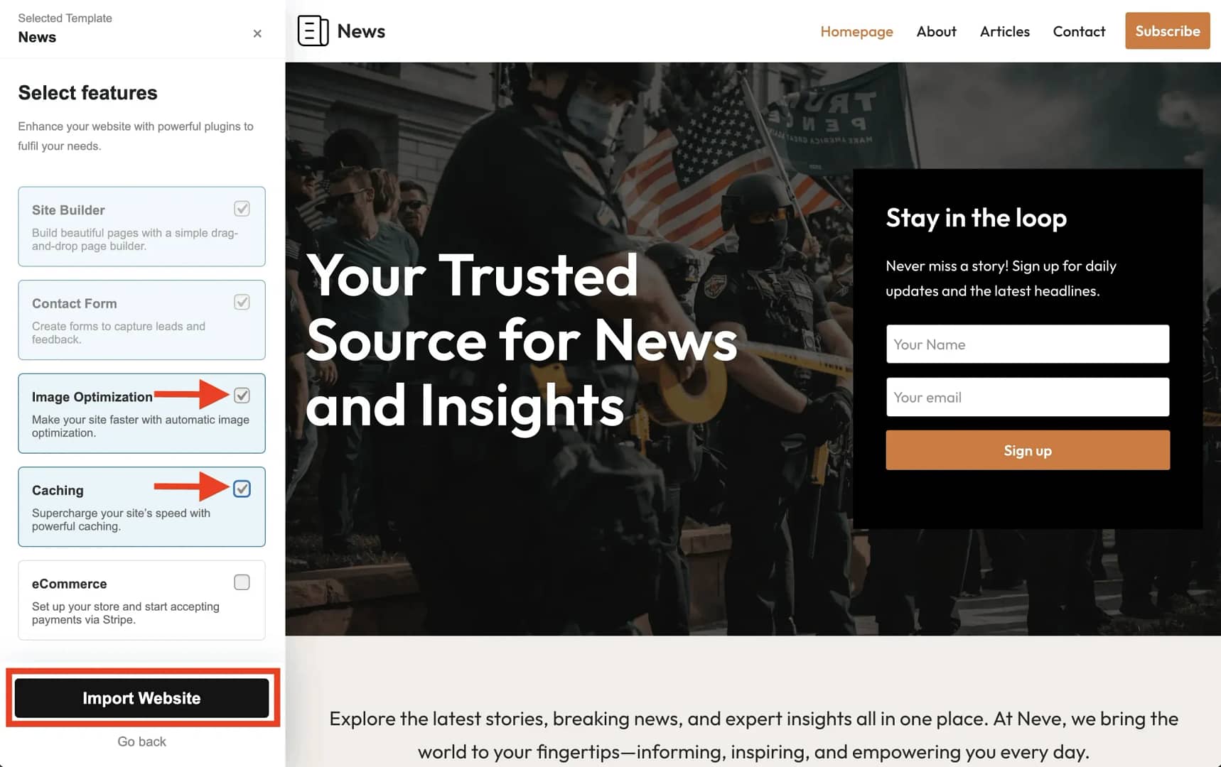 Choosing pre built news site and importing it.